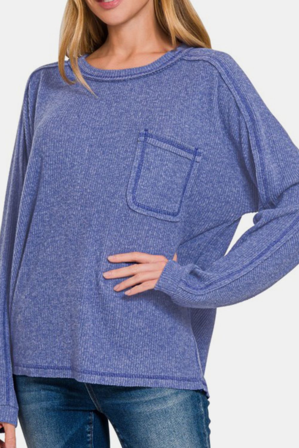 Contrast Stitching Brushed Ribbed Hacci Knit Top