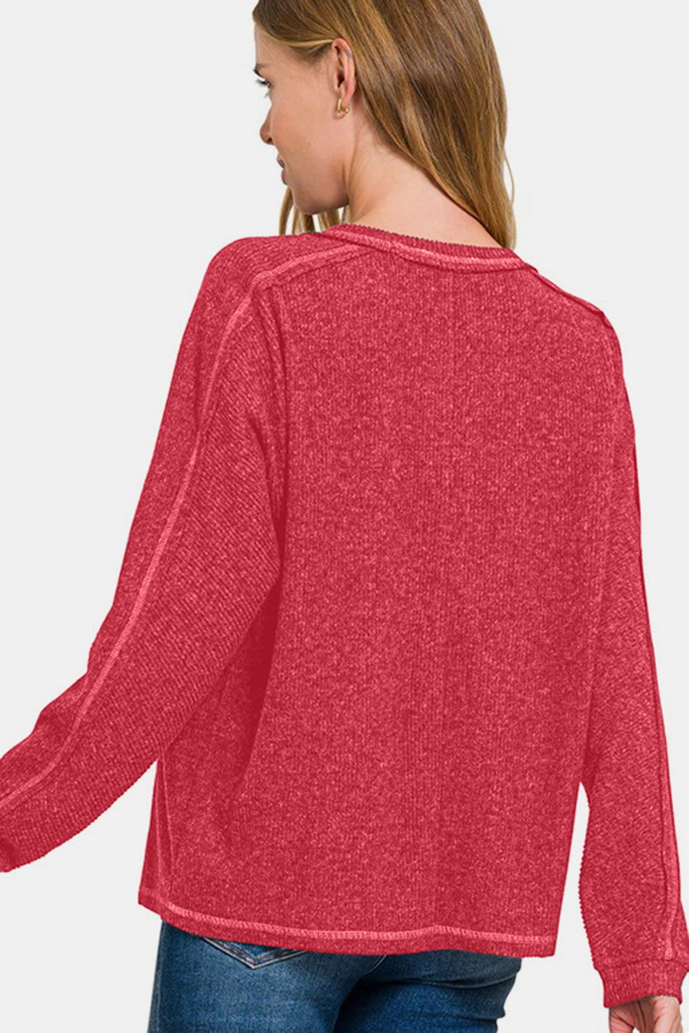 Contrast Stitching Brushed Ribbed Hacci Knit Top