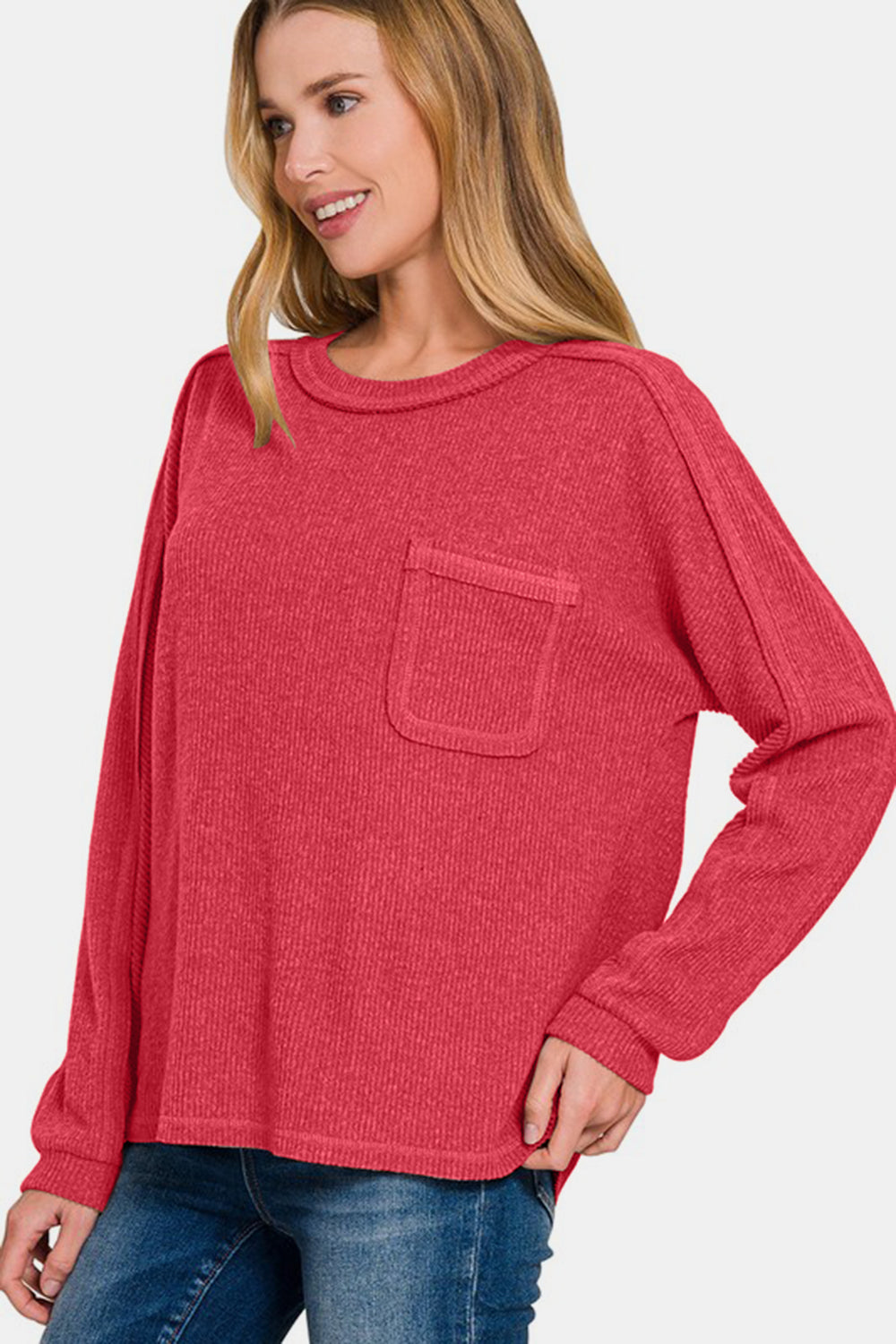 Contrast Stitching Brushed Ribbed Hacci Knit Top