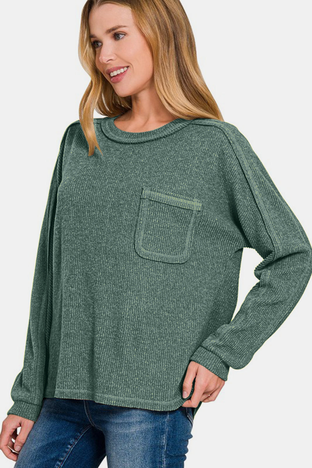 Contrast Stitching Brushed Ribbed Hacci Knit Top