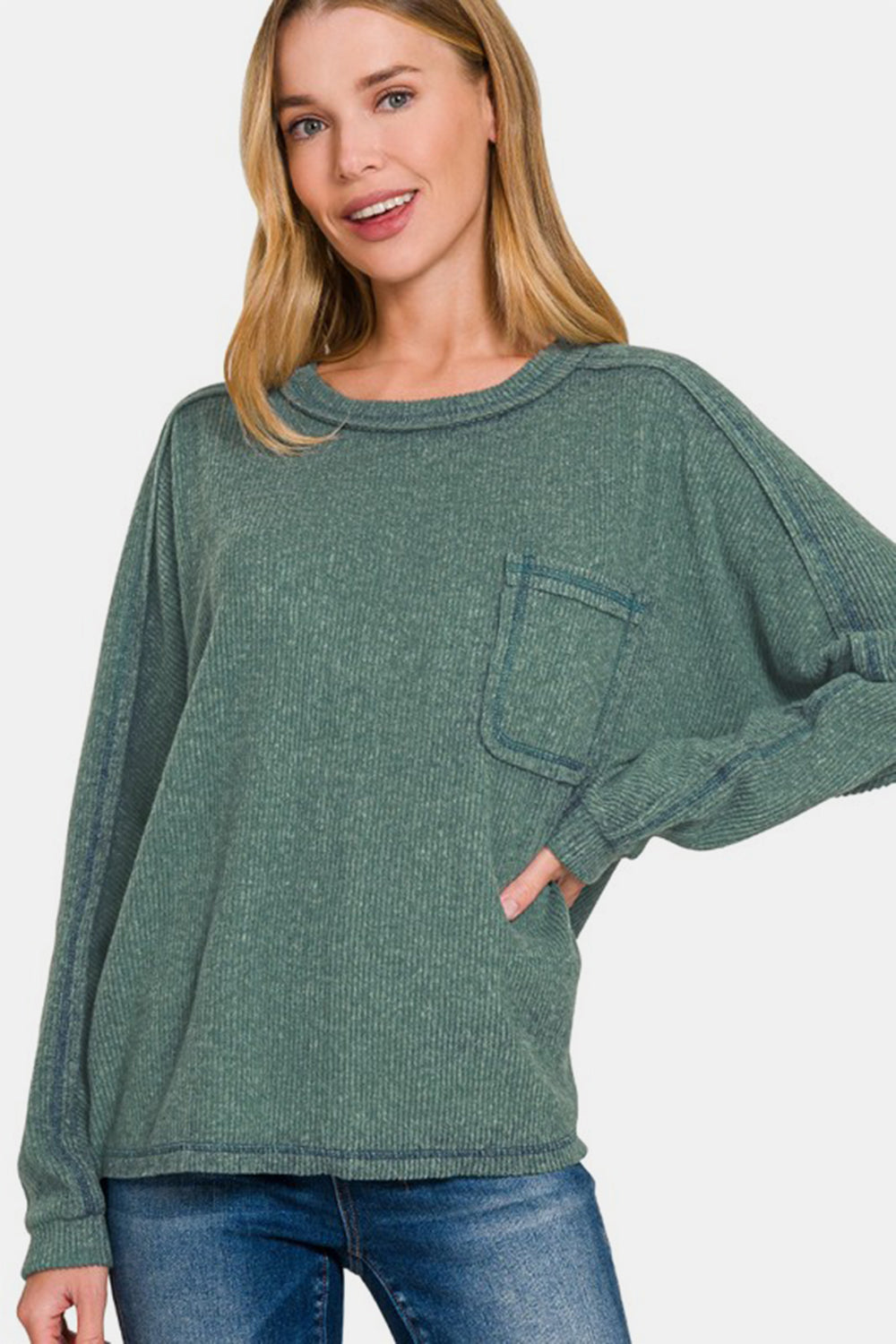 Contrast Stitching Brushed Ribbed Hacci Knit Top