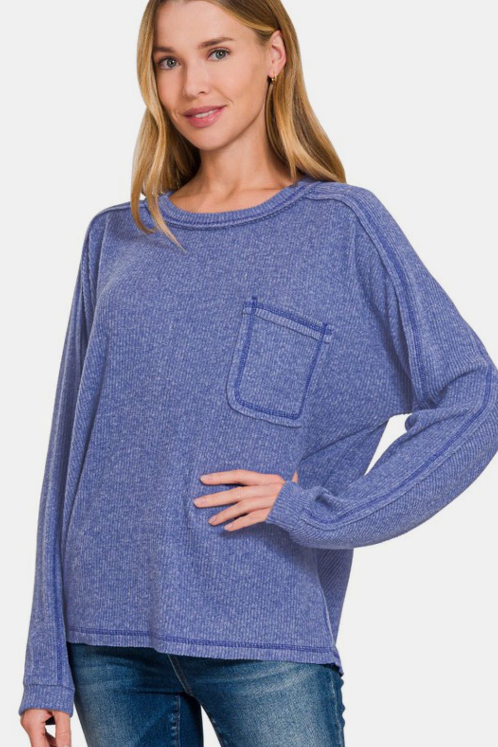 Contrast Stitching Brushed Ribbed Hacci Knit Top