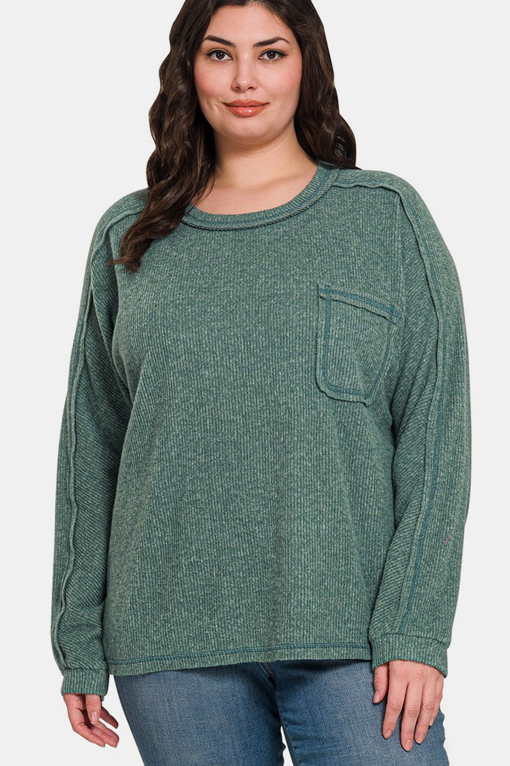 Contrast Stitching Brushed Ribbed Hacci Knit Top