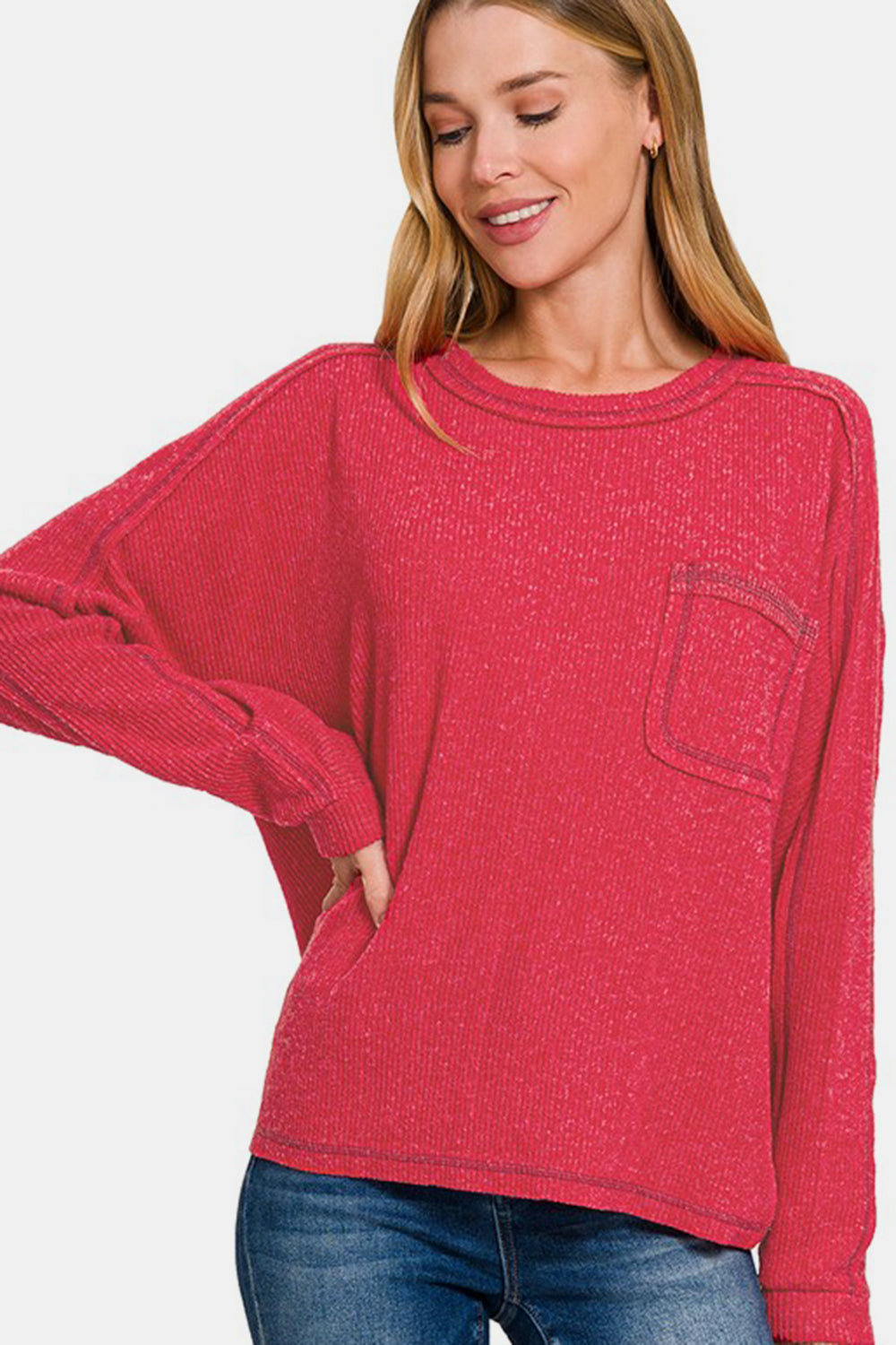 Contrast Stitching Brushed Ribbed Hacci Knit Top