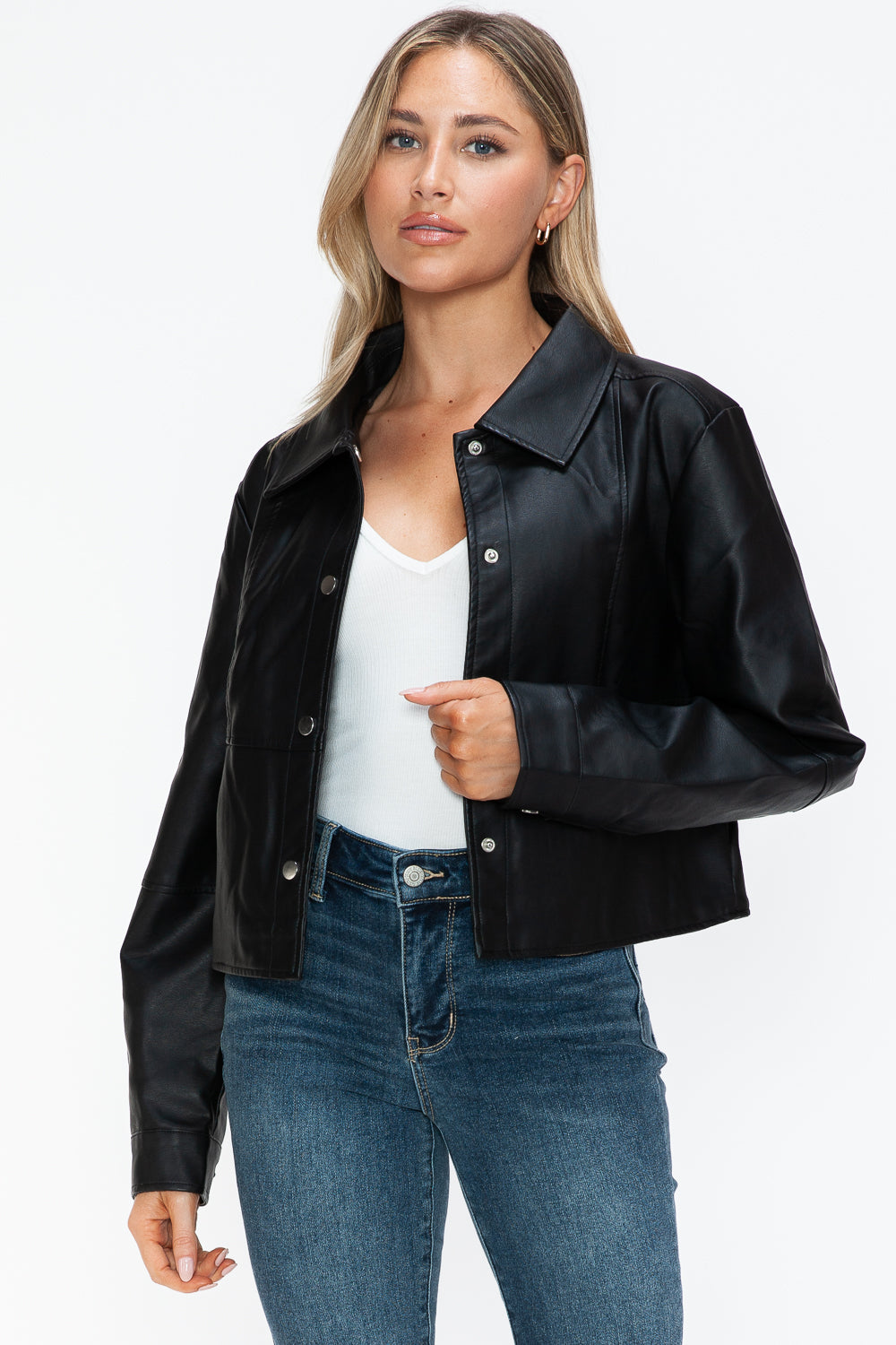 Snap Down Long Sleeve PU Leather Jacket