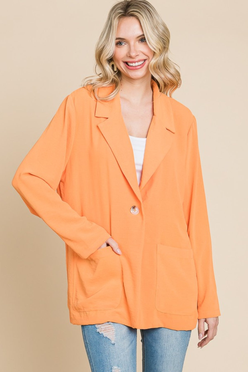 One Button Long Sleeve Blazer with Pockets