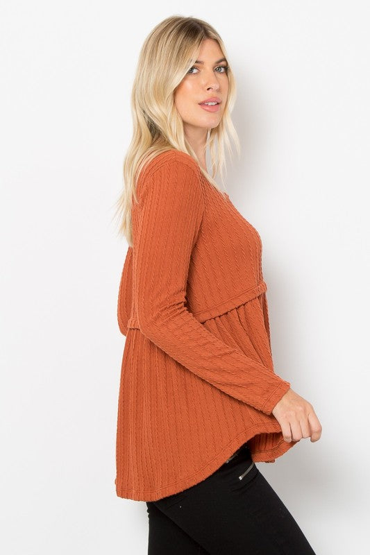 Texture Babydoll Round Neck Long Sleeve Knit Top