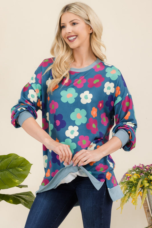 Side Slit Flower Print Long Sleeve Top