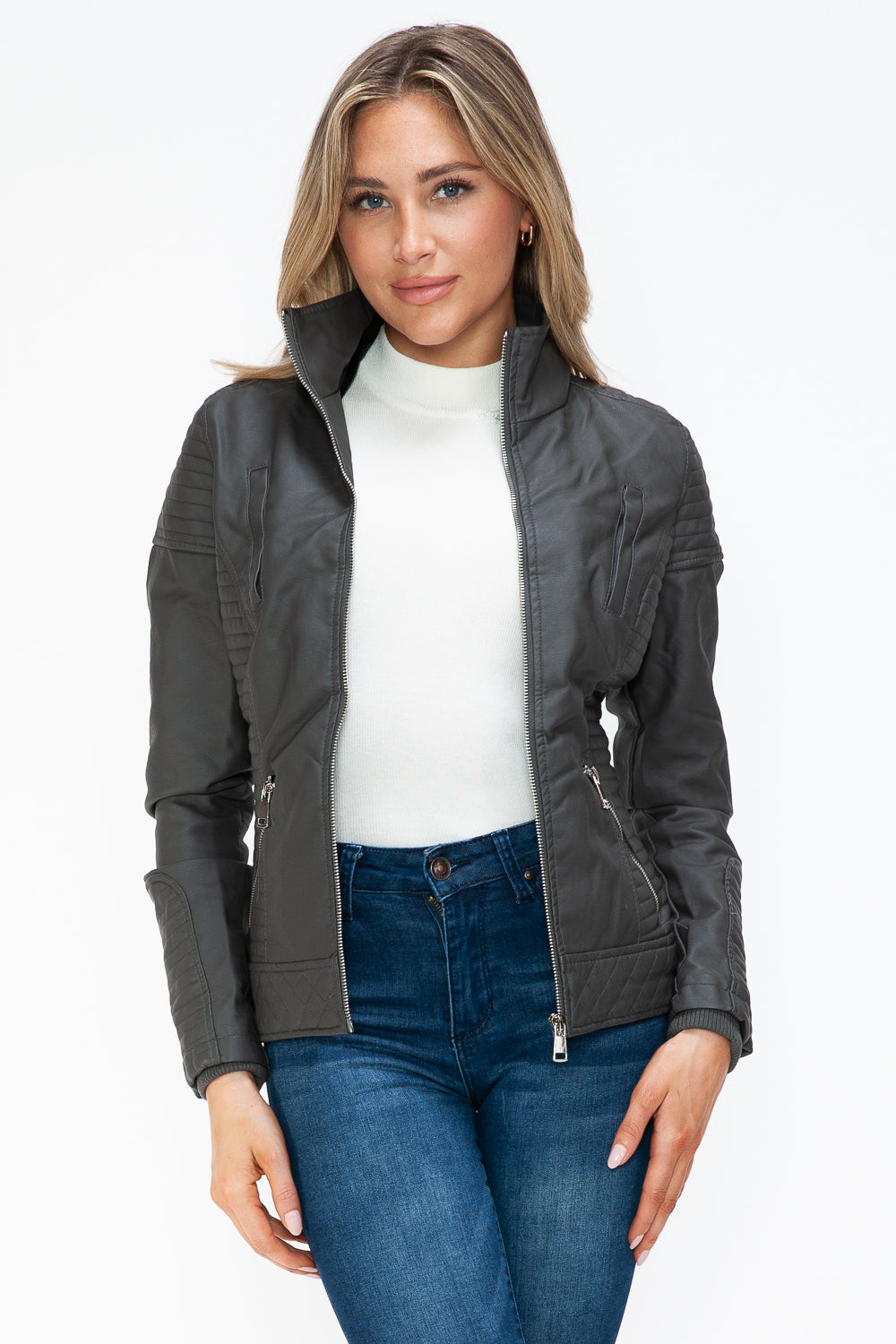 Faux Layered Double-Zipper Jacket with Fuzzy Hood