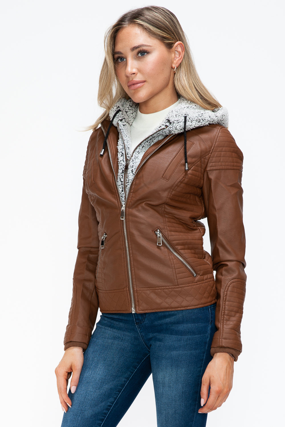 Faux Layered Double-Zipper Jacket with Fuzzy Hood