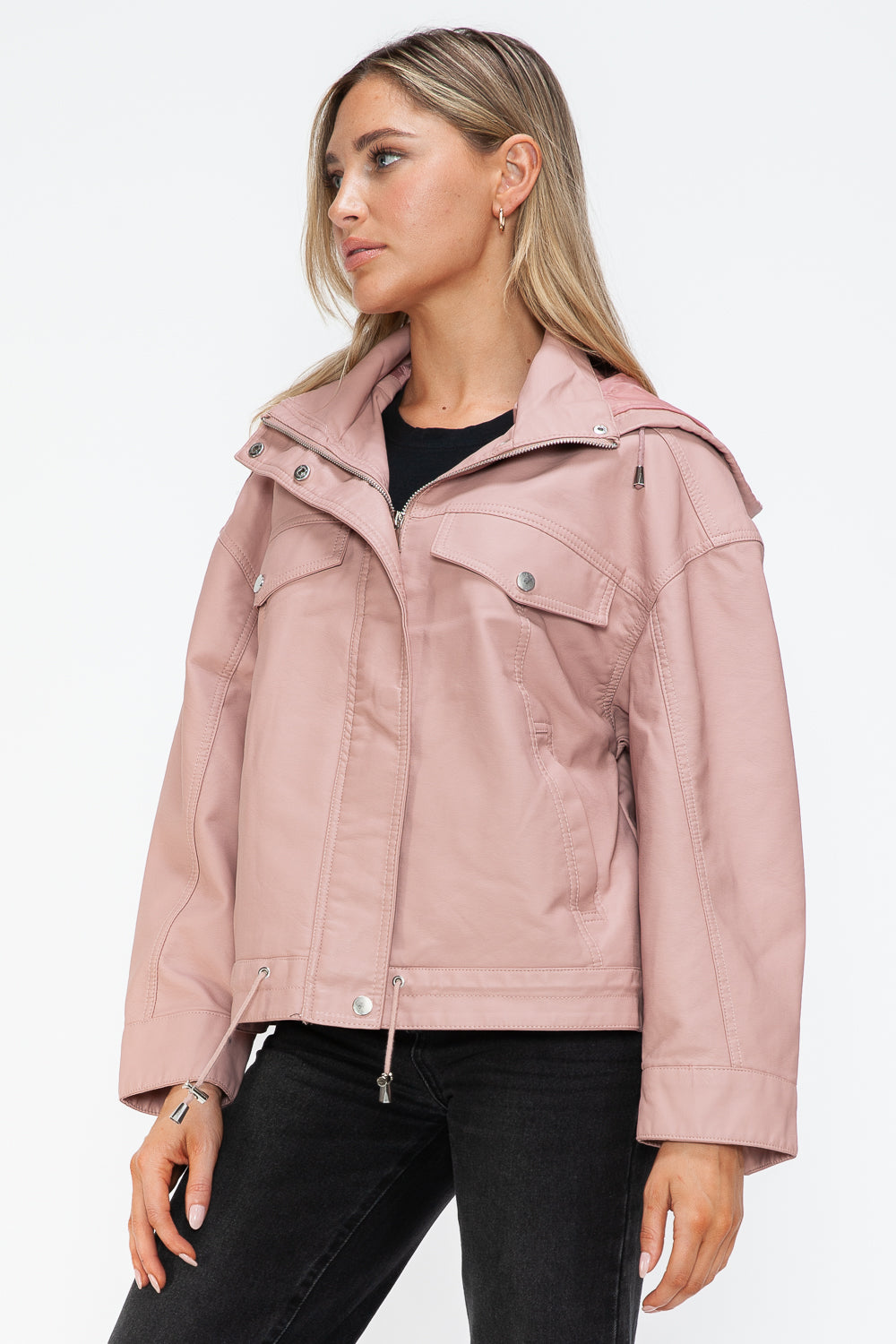 Drawstring Hem PU Leather Zip Up Jacket