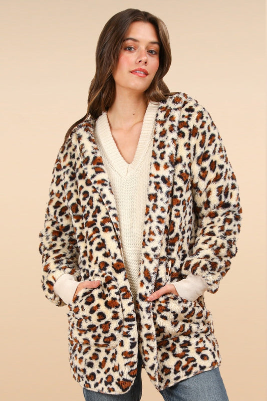 Fuzzy Leopard Long Sleeve Hooded Jacket