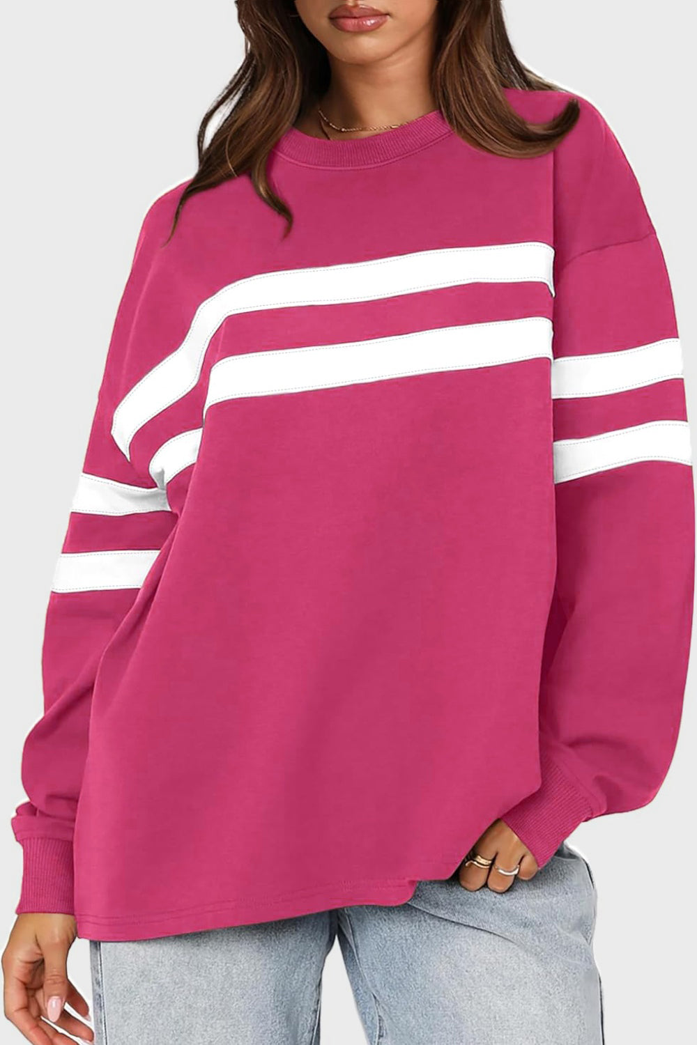 Striped Round Neck Dropped Shoulder Sweatshirt