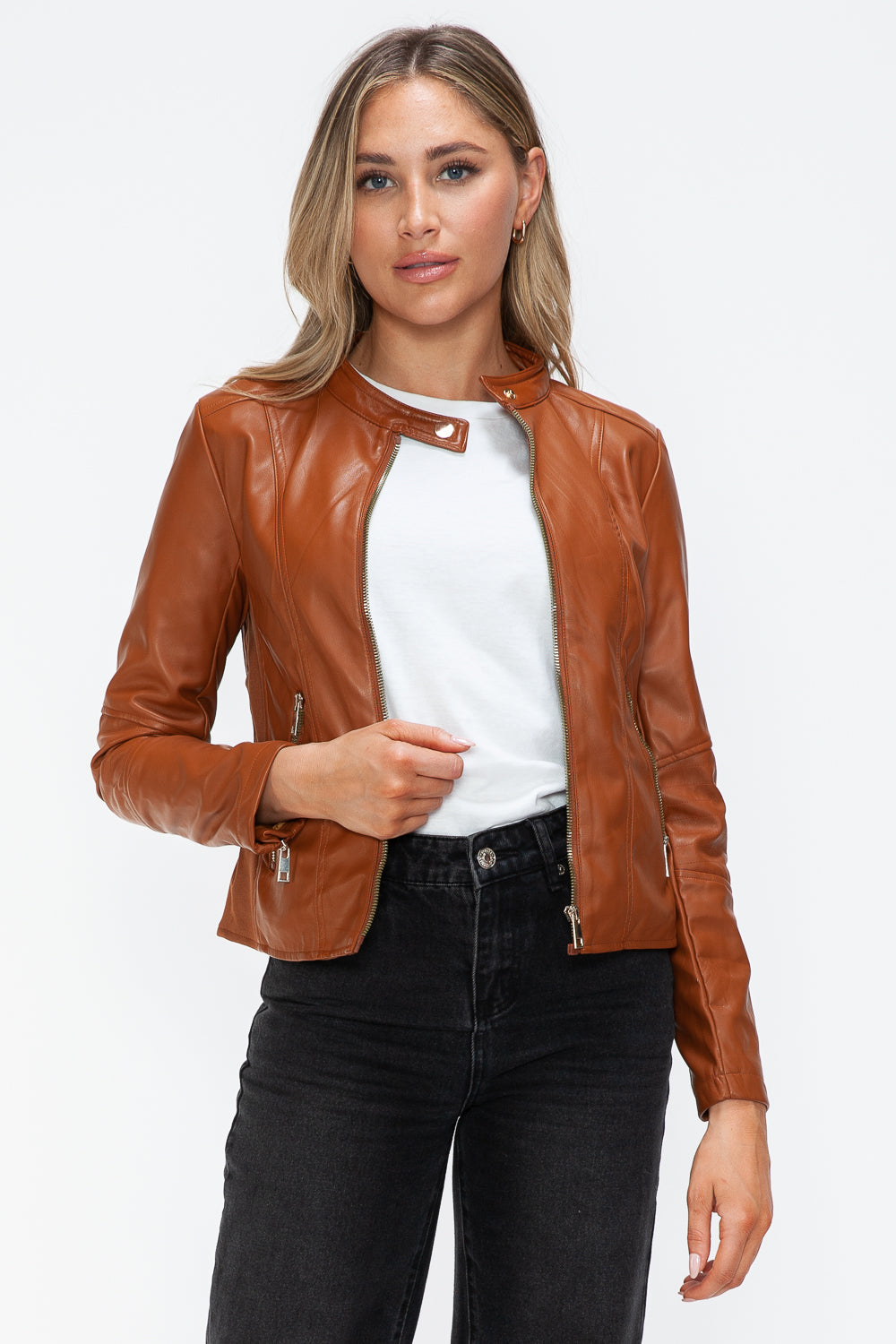 Faux Leather Zip Up Drawstring Hooded Jacket