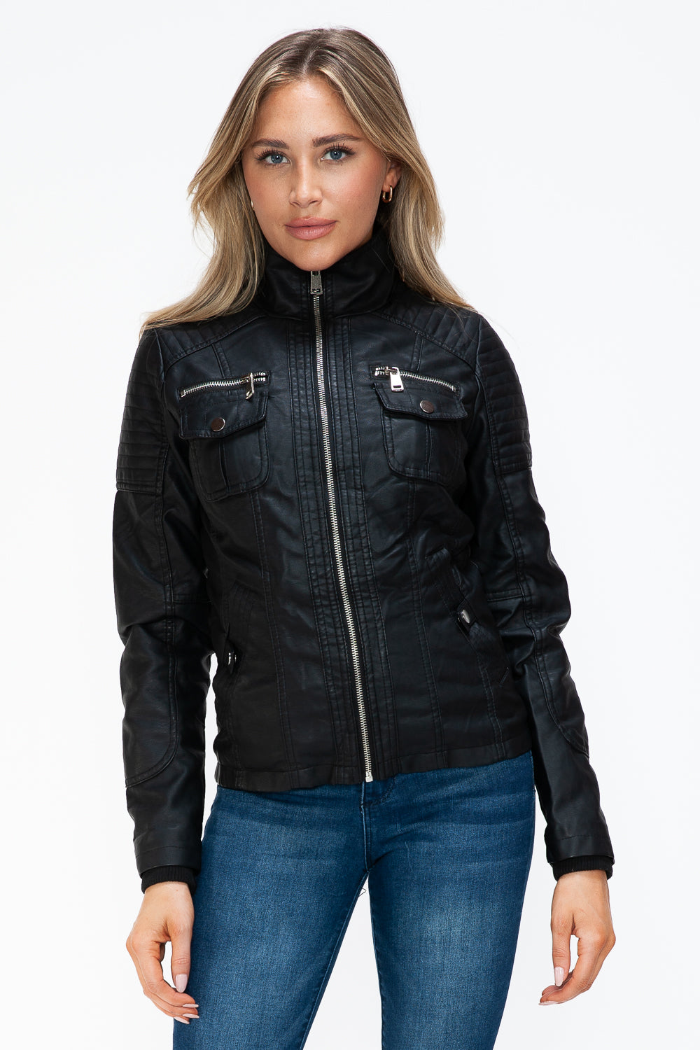 Removable Faux Layered Multi-Pocket Jacket with Fuzzy Hood