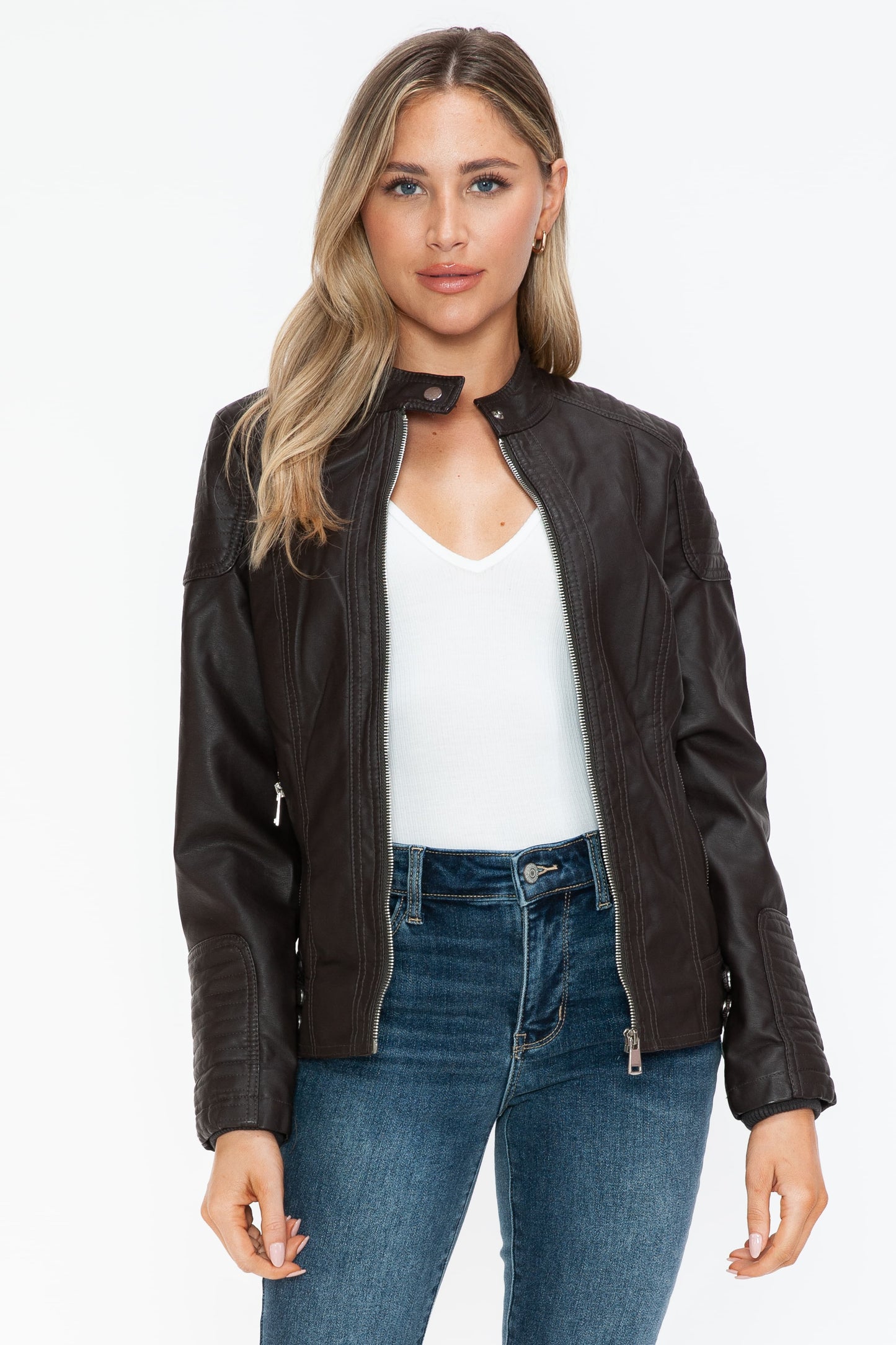 Faux Leather Biker Jacket with Side Zip Pockets