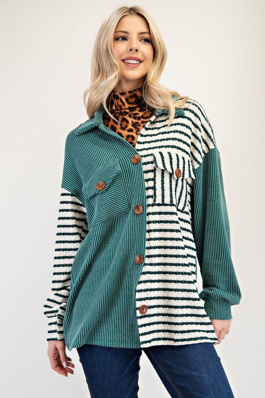 Striped Button Up Dropped Shoulder Shacket