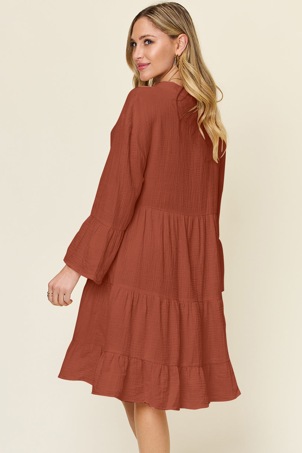 Texture Button Up Ruffle Hem Dress