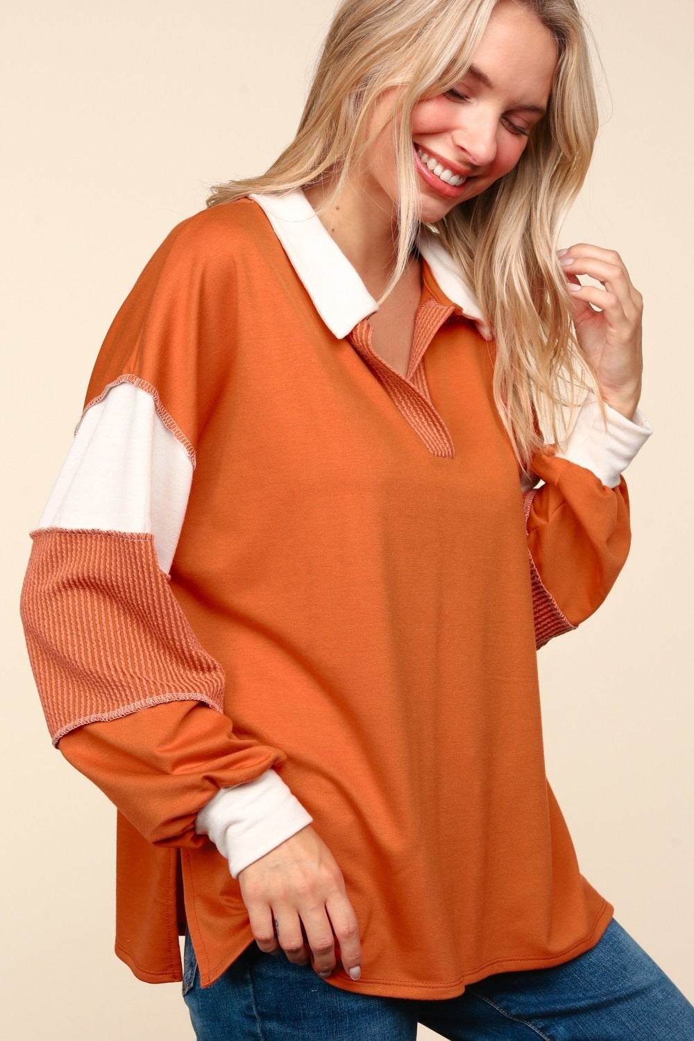 Color Block Exposed Seam Long Sleeve Top