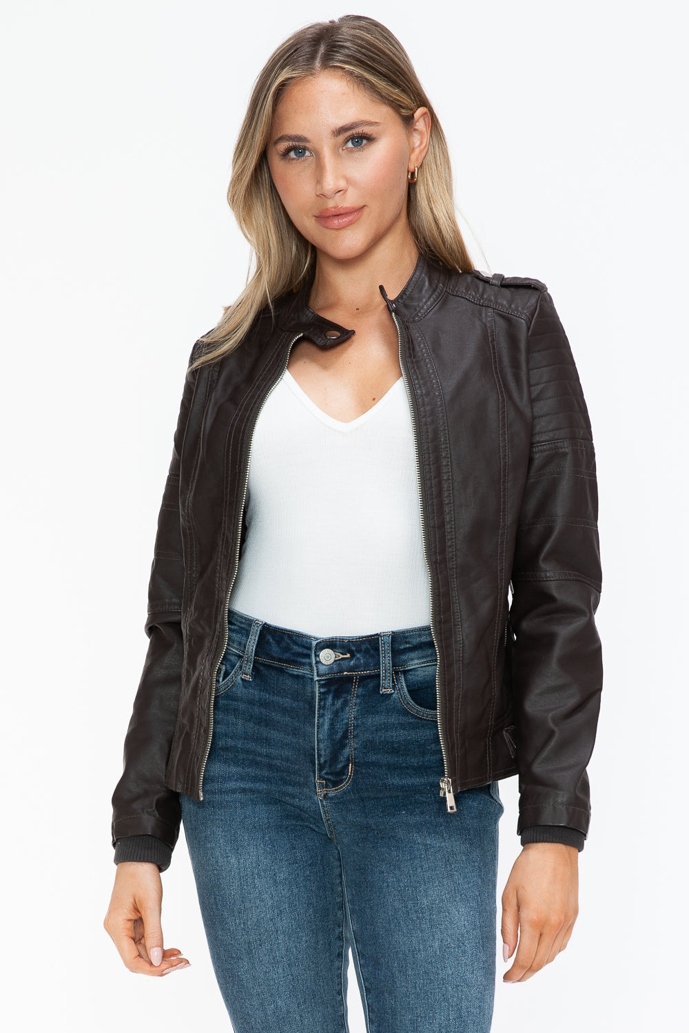 PU Leather Biker Jacket with Side Zip Pockets