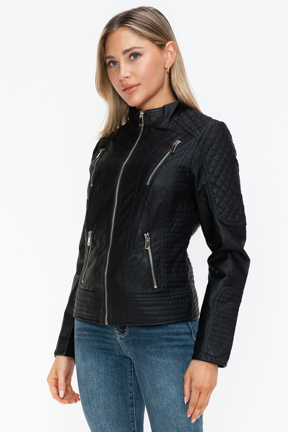 Faux Leather Zip Up Mock Neck Jacket