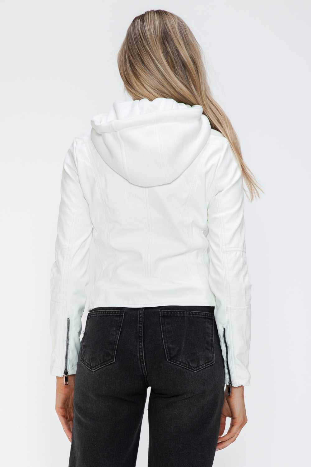 Faux Leather Zip Up Drawstring Hooded Jacket