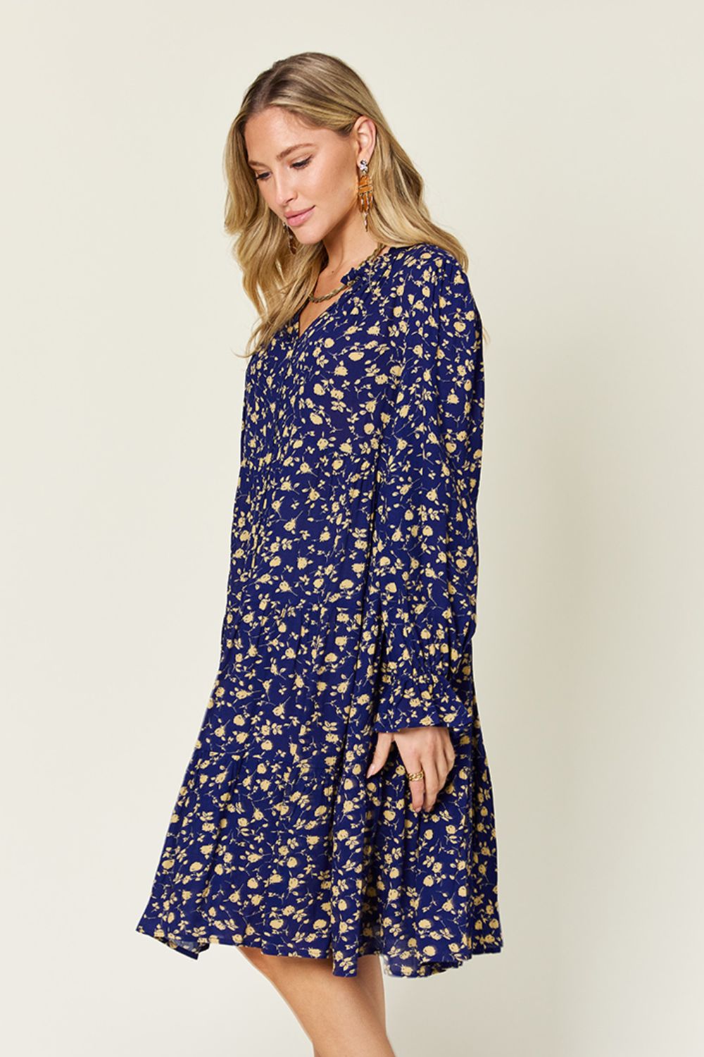 Double Take Full Size Printed Ruffle Hem Long Sleeve Tiered Dress