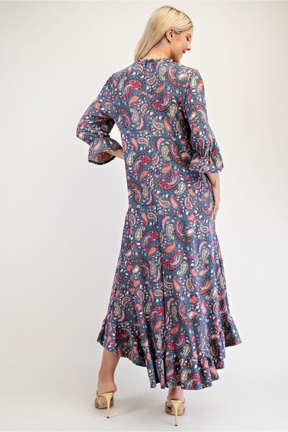 Ruffle Hem Paisley Round Neck Dress