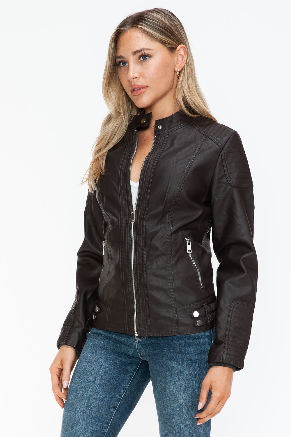 Faux Leather Biker Jacket with Side Zip Pockets