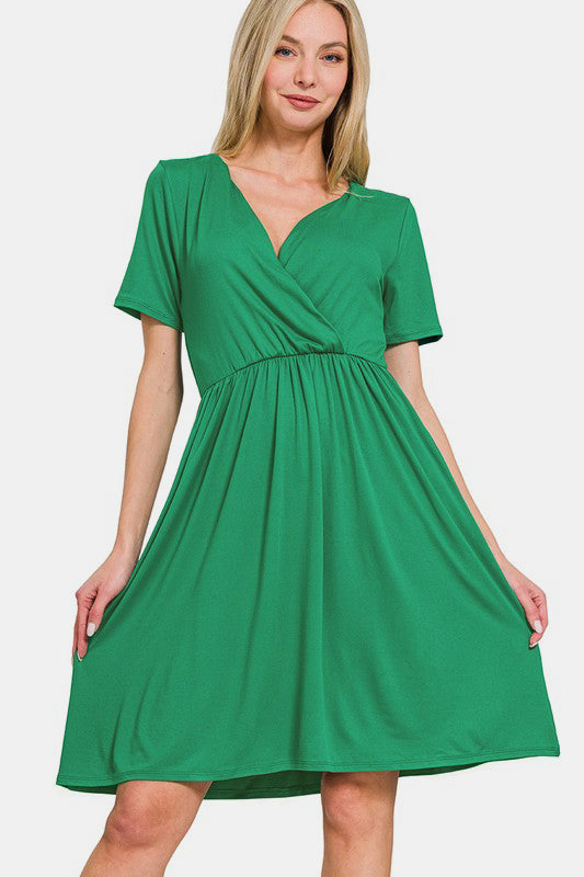 Surplice Short Sleeve Brushed DTY Dress