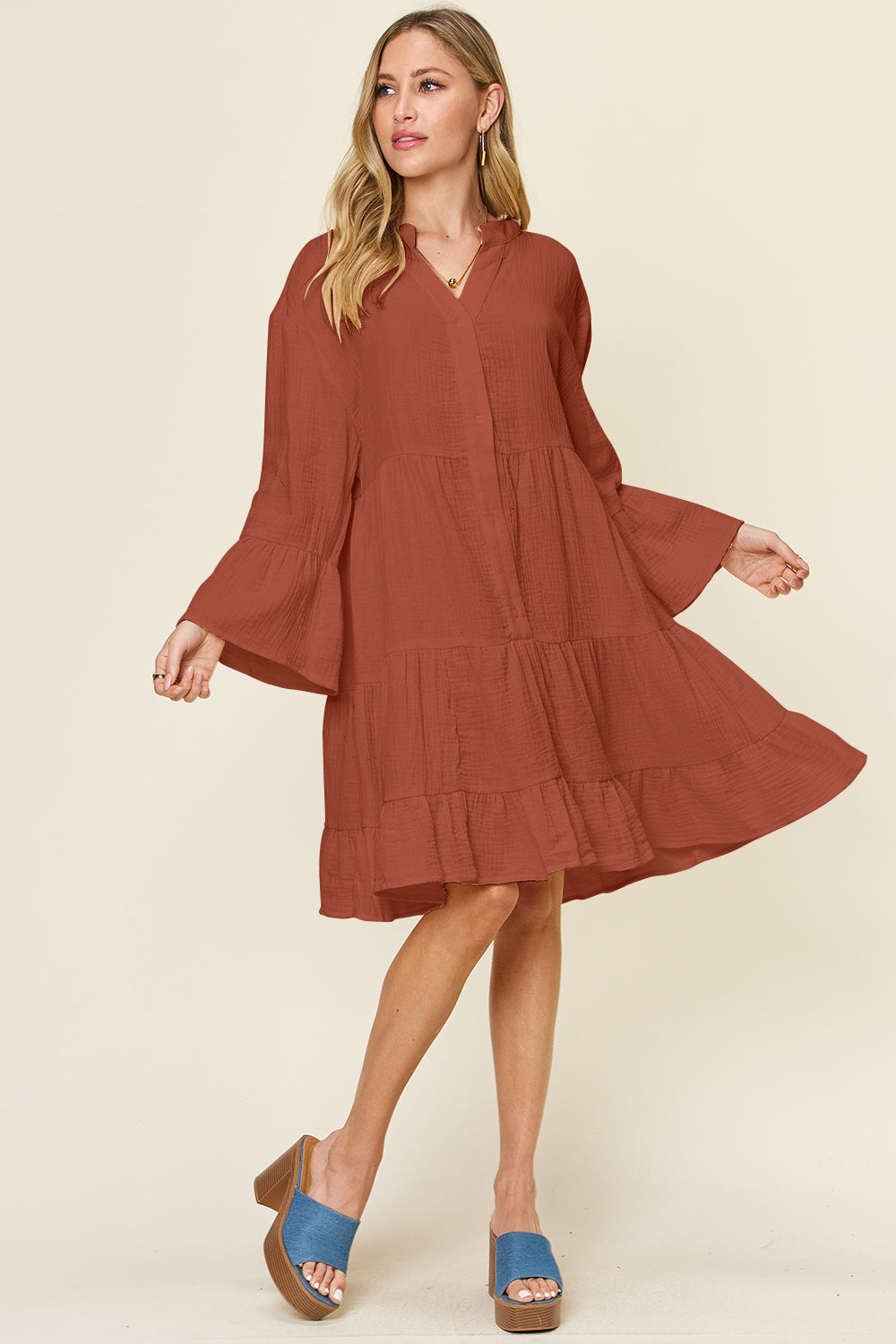 Texture Button Up Ruffle Hem Dress