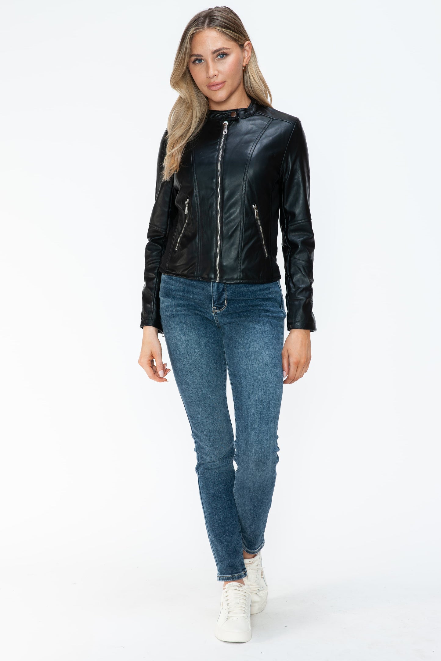 PU Leather Zip Up Jacket with Pockets