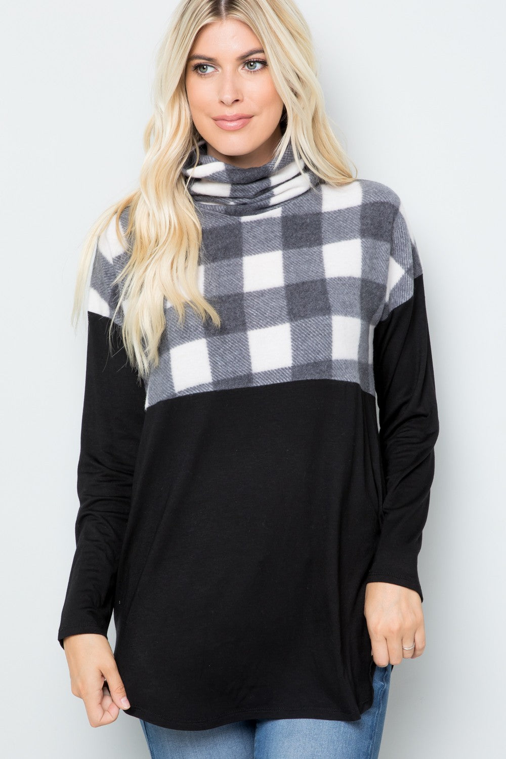 Pocketed Plaid Turtleneck Long Sleeve Blouse