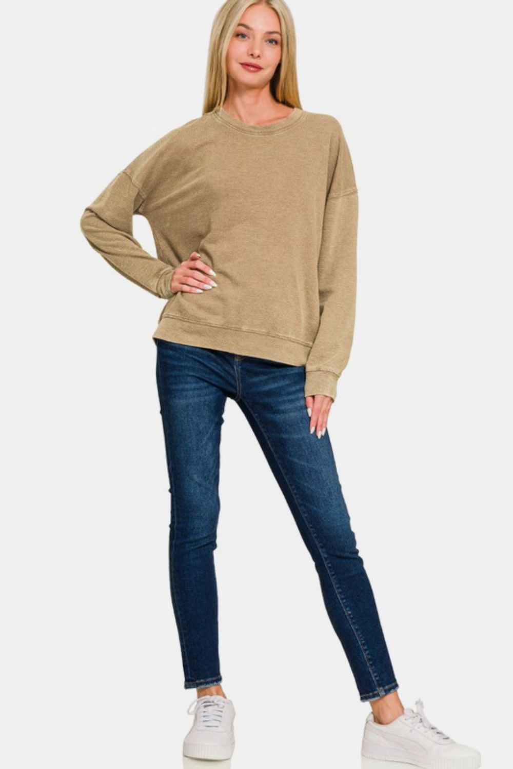 Washed Round Neck Dropped Shoulder Sweatshirt