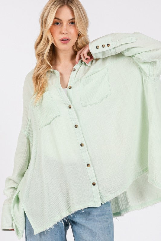 Frayed Hem Side Slit Button Down Shirt