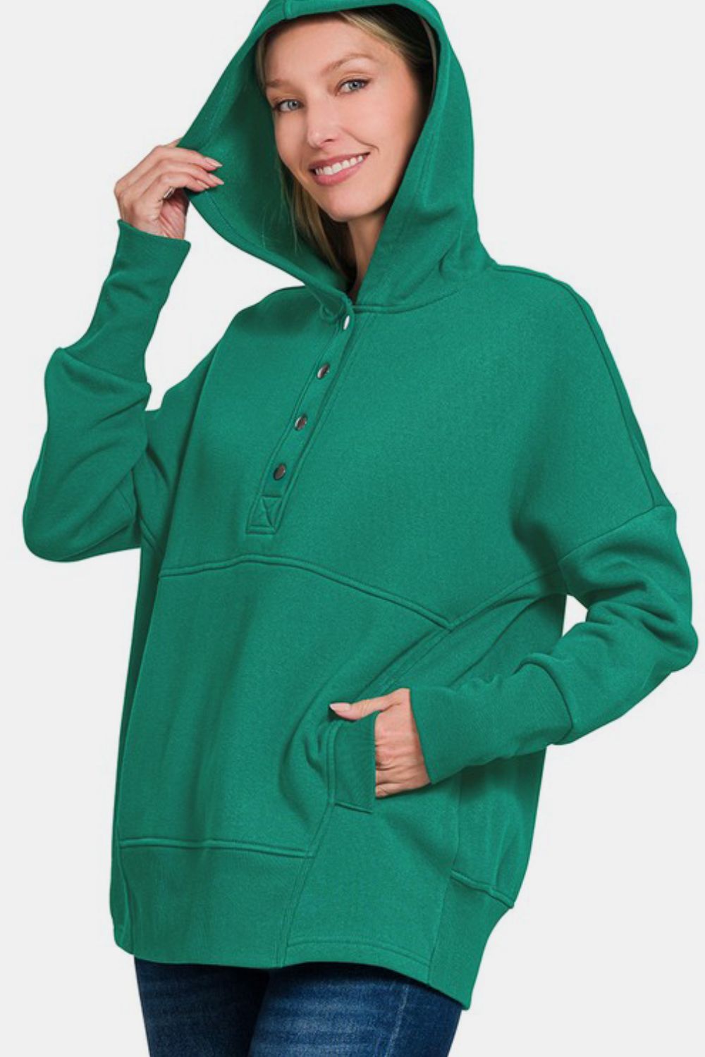 Half Snap Long Sleeve Hoodie with Kangaroo Pocket