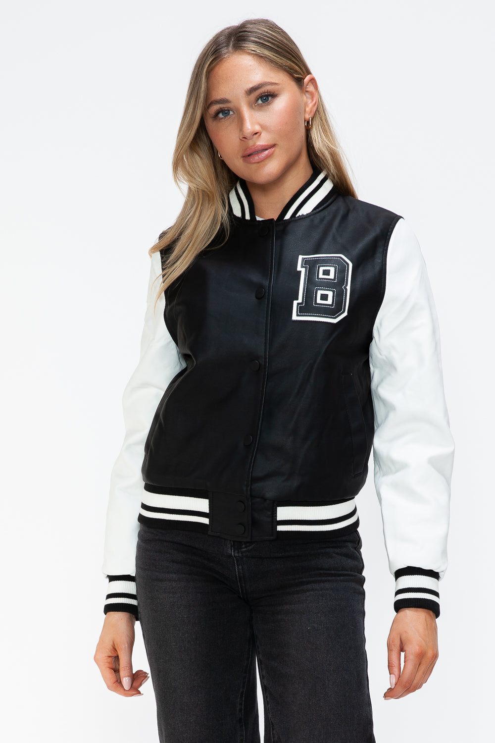 PU Leather Contrast Snap Down Bomber Jacket