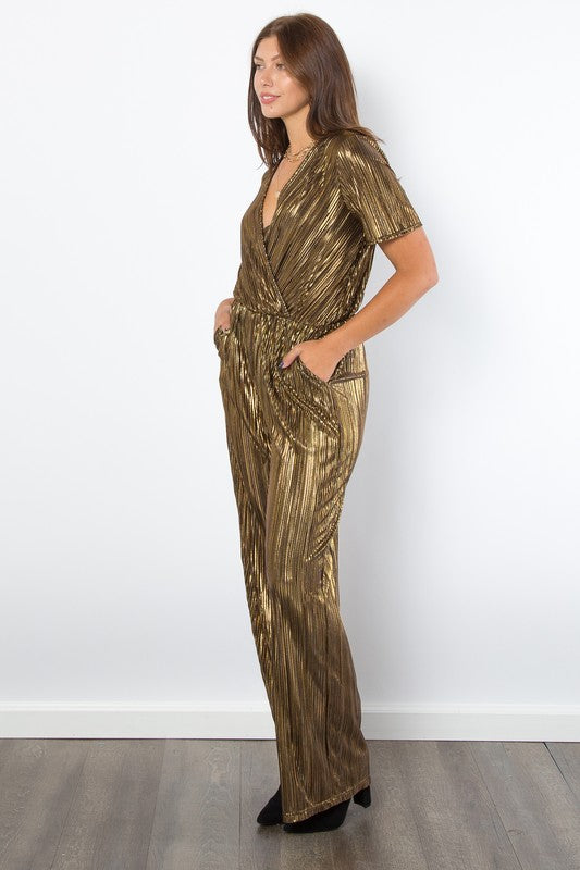 Surplice Short Sleeve Pleated Foil Jumpsuit