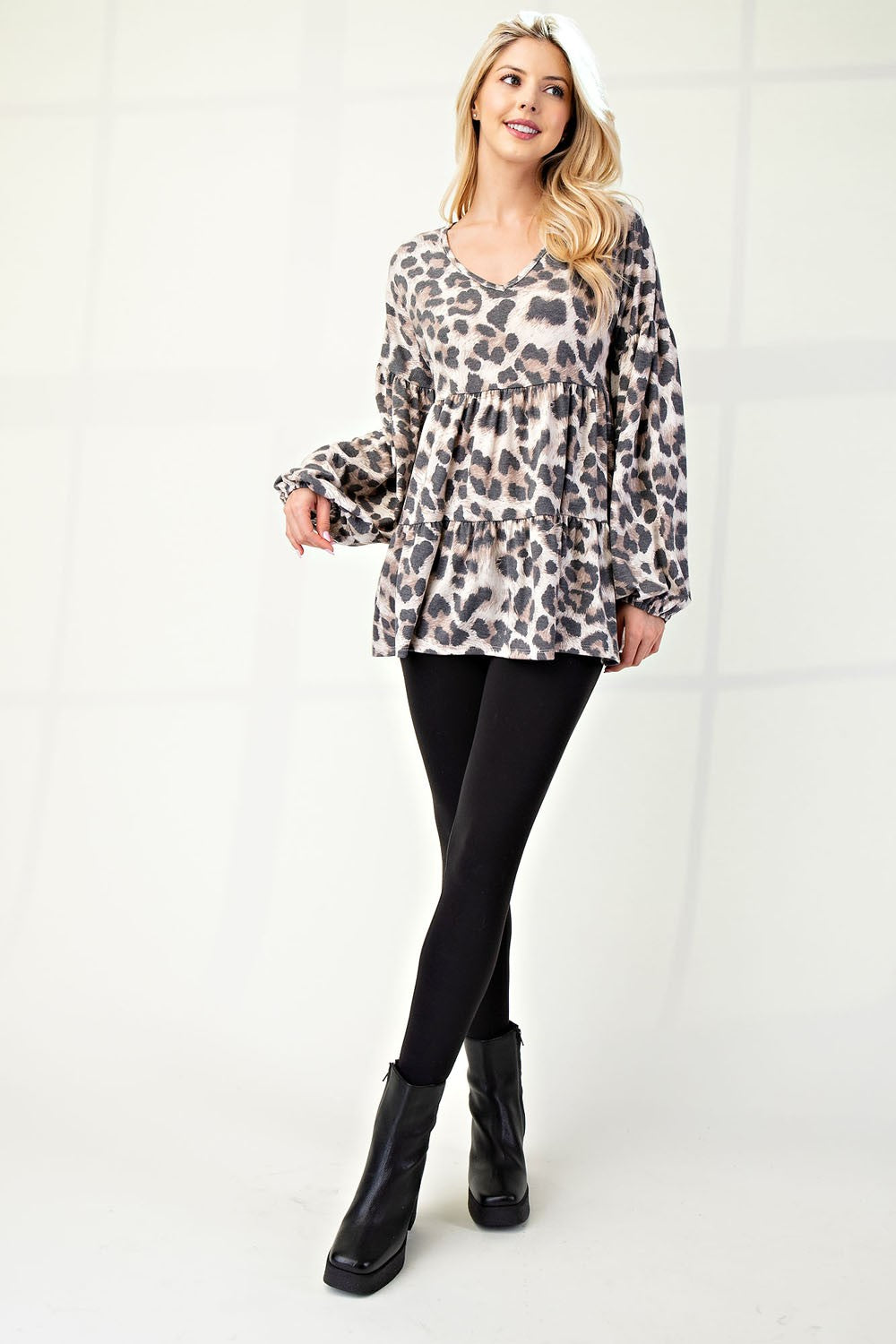 Leopard V-Neck Balloon Sleeve Blouse