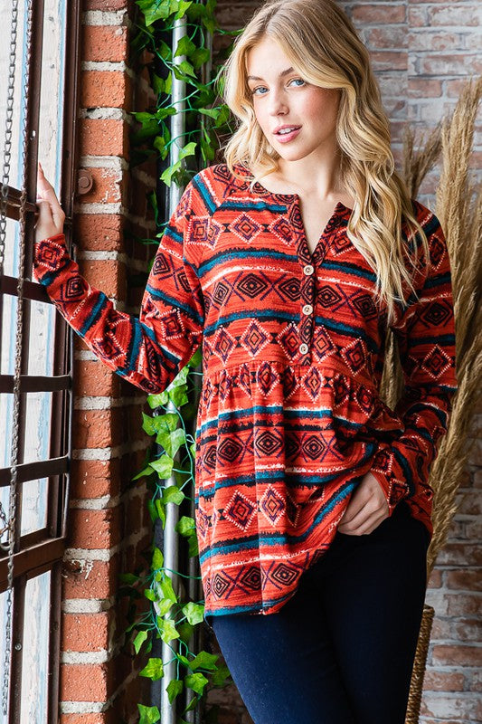 Geometric Button Detail Long Sleeve Babydoll Top