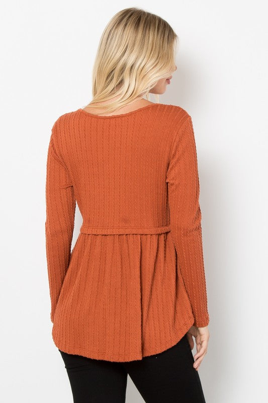 Texture Babydoll Round Neck Long Sleeve Knit Top