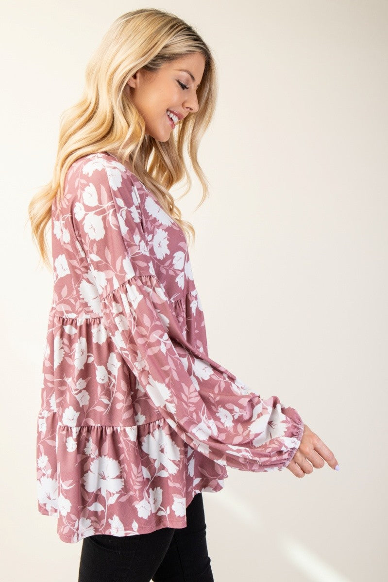 Tiered Floral V-Neck Long Sleeve Blouse