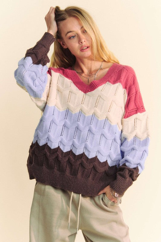 Wavy Texture Color Block V-Neck Sweater