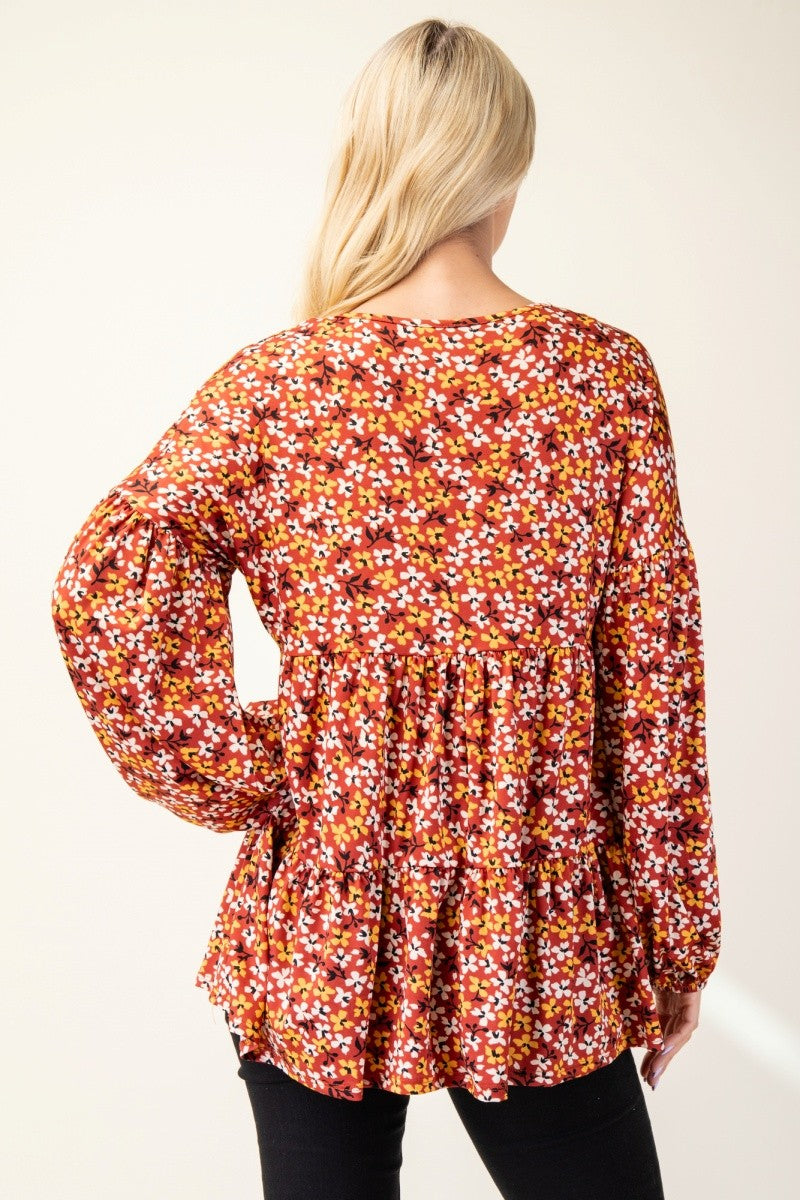 Floral V-Neck Balloon Sleeve Blouse