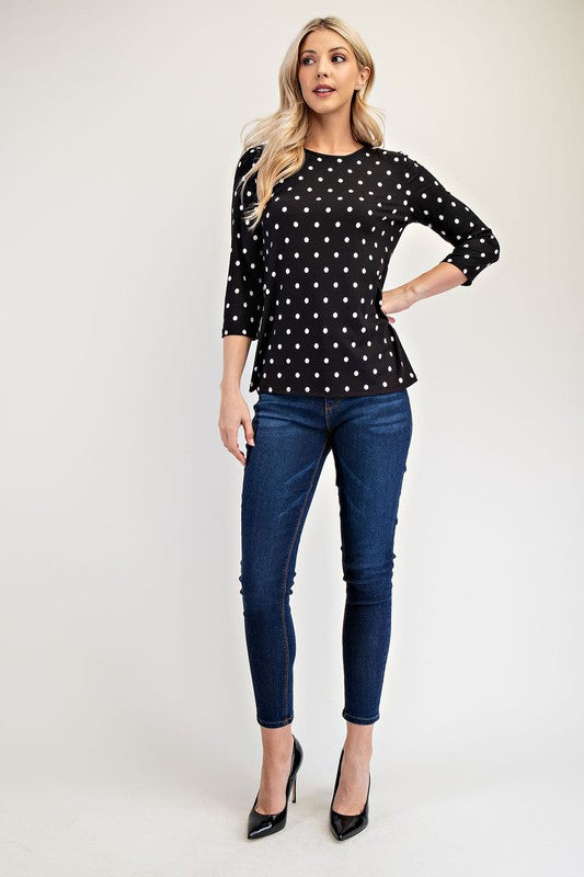 Polka Dot Round Neck Three-Quarter Sleeve T-Shirt