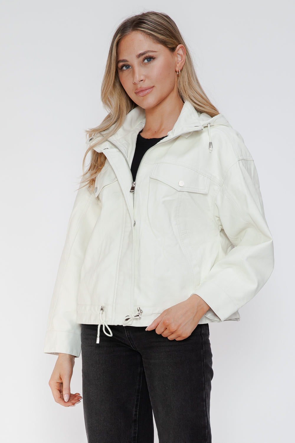 Drawstring Hem PU Leather Zip Up Jacket