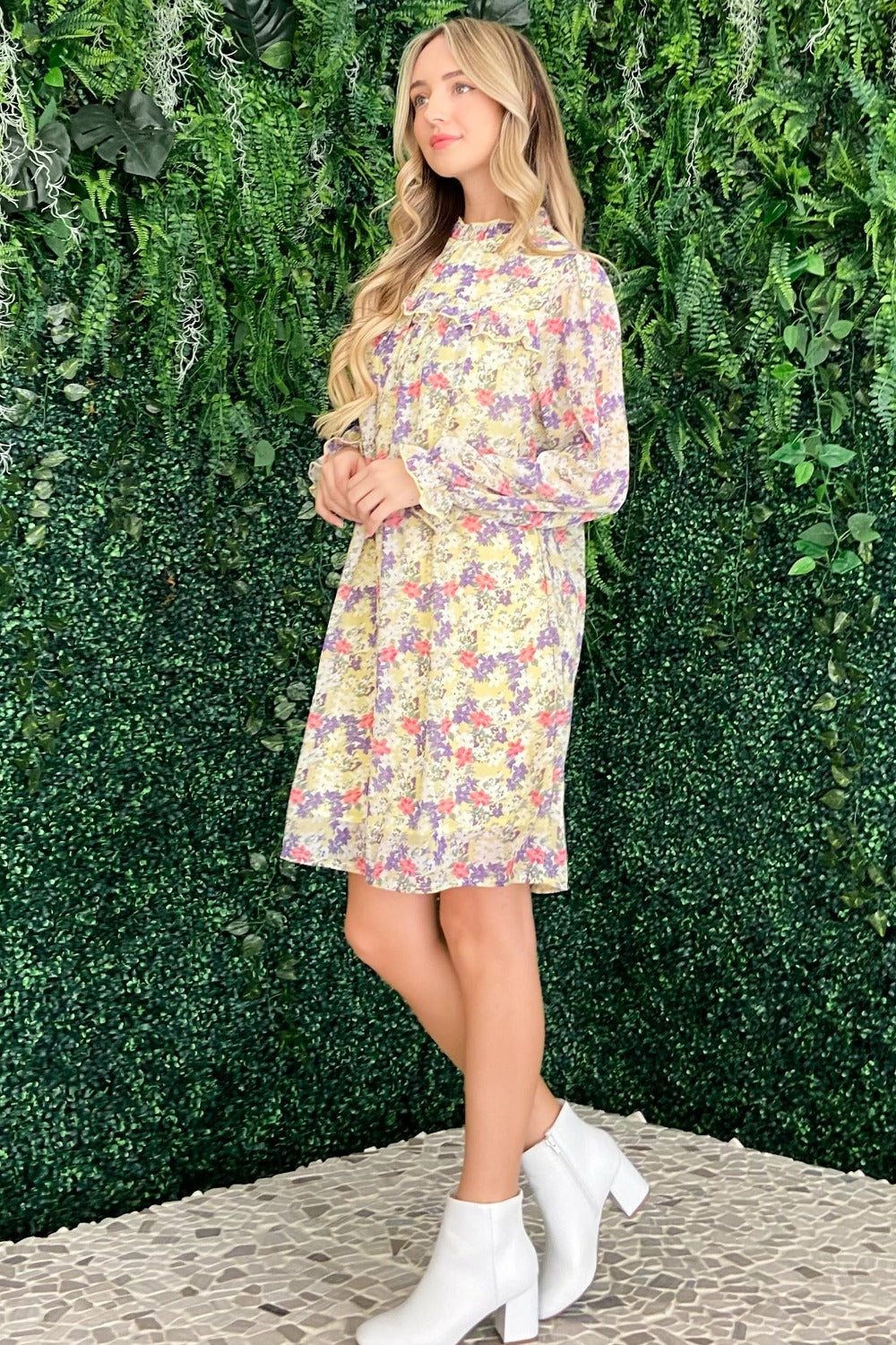 Floral Mock Neck Flounce Sleeve Dress