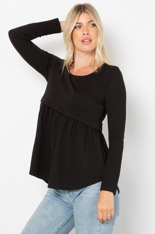 Texture Babydoll Round Neck Long Sleeve Knit Top