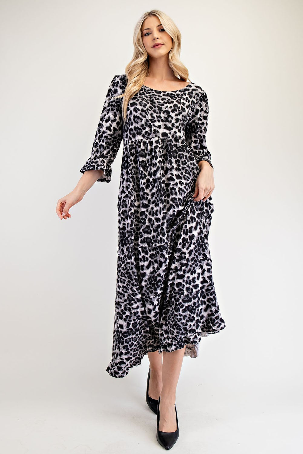 Leopard Round Neck Flounce Sleeve Dress