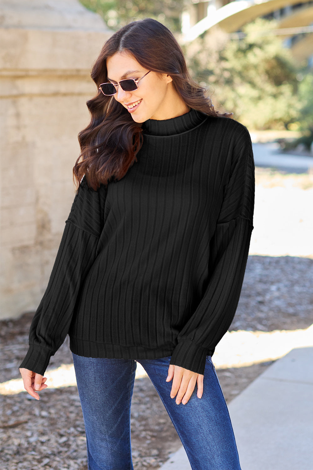 Ribbed Exposed Seam Mock Neck Knit Top